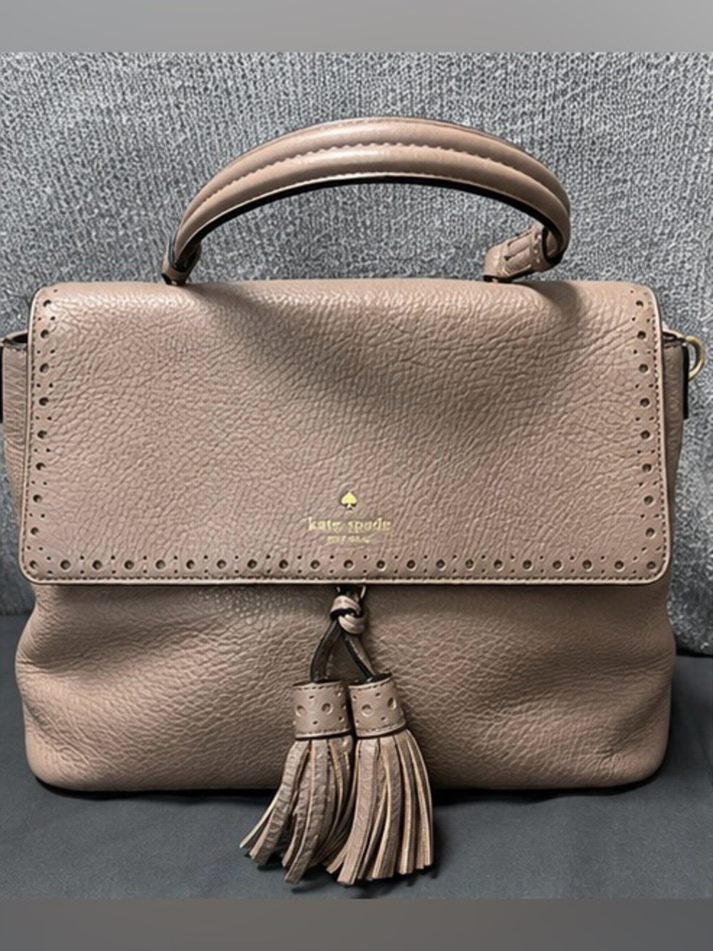Kate Spade WKRU4563 Taupe Pebbled Leather Tassel Satchel Bag